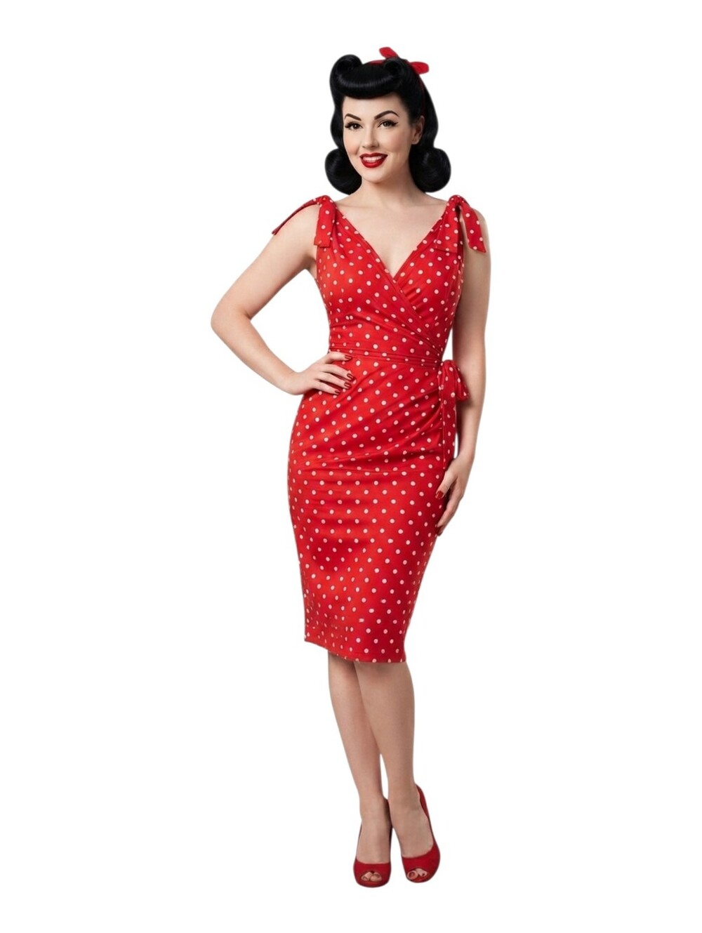 Stop Staring! Alicia Estrada Red Polka Dot Wiggle Midi Dress Small